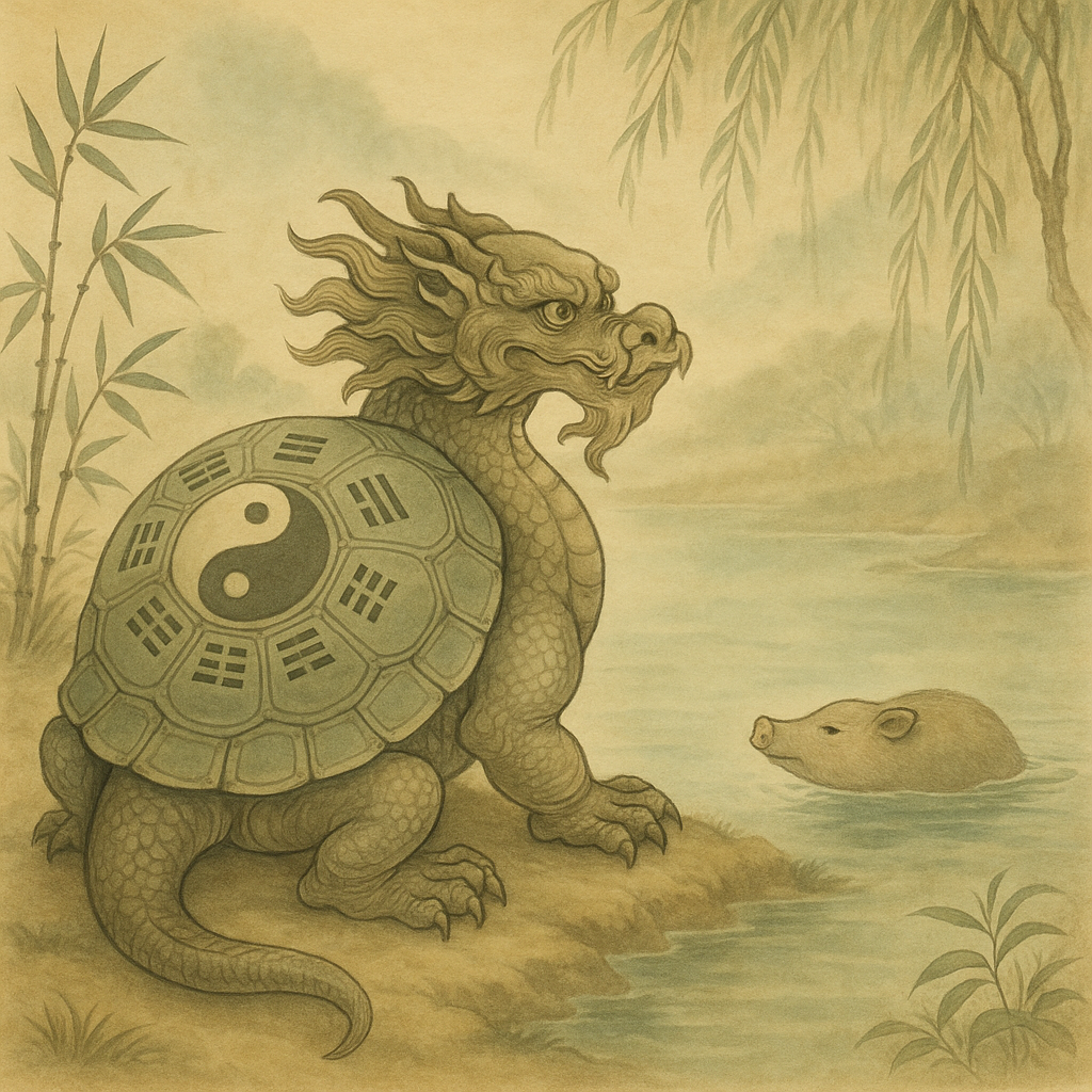 Bixi — dragon-turtle with Bagua shell watching a water pig, traditional Chinese painting