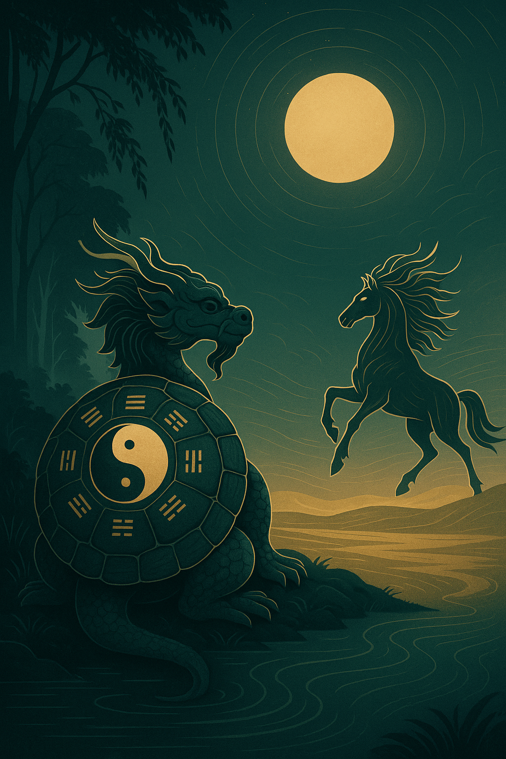 Bixi under the moon with a celestial horse — traditional style